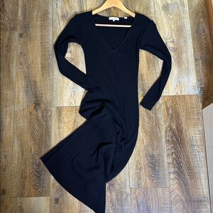 VINCE V neck Ribbed Dress black Midi XS Long Sleeve